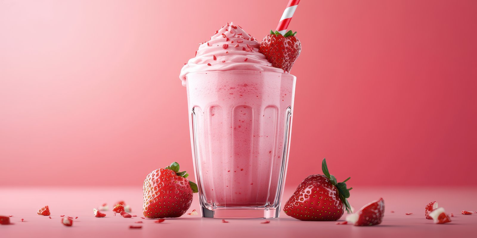 Refreshing strawberry milkshake in a glass cup topped with whipped cream and fresh strawberries on a pink background